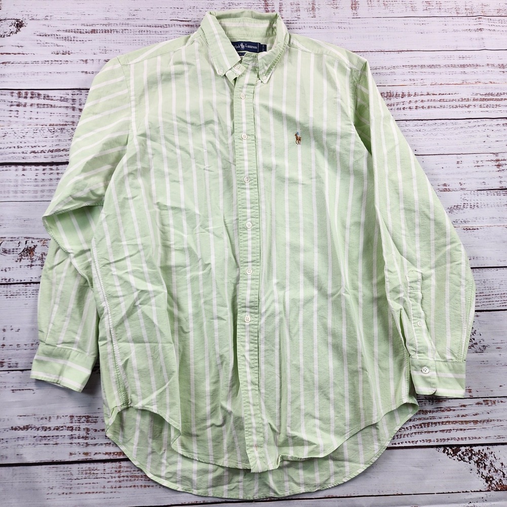 Polo Ralph Lauren Button Down Shirt Mens 16-34 Large Green White Stripe Pony